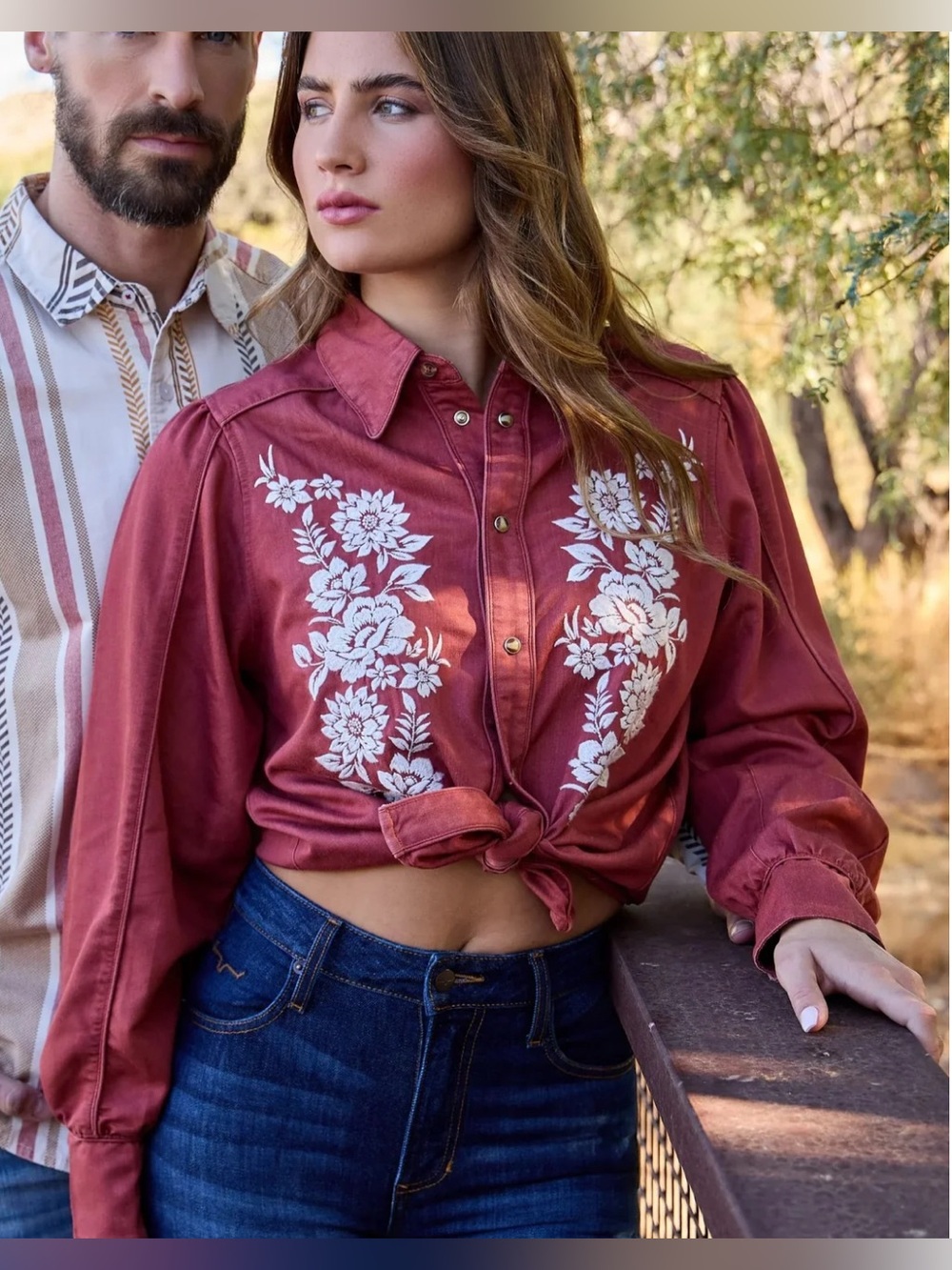Kimes Ranch Mae Floral Embroidered Button Snap Western Shirt Burnt Orange S